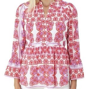 Hale Bob Cotton Shirred Babydoll Boho Printed Blouse Sz M